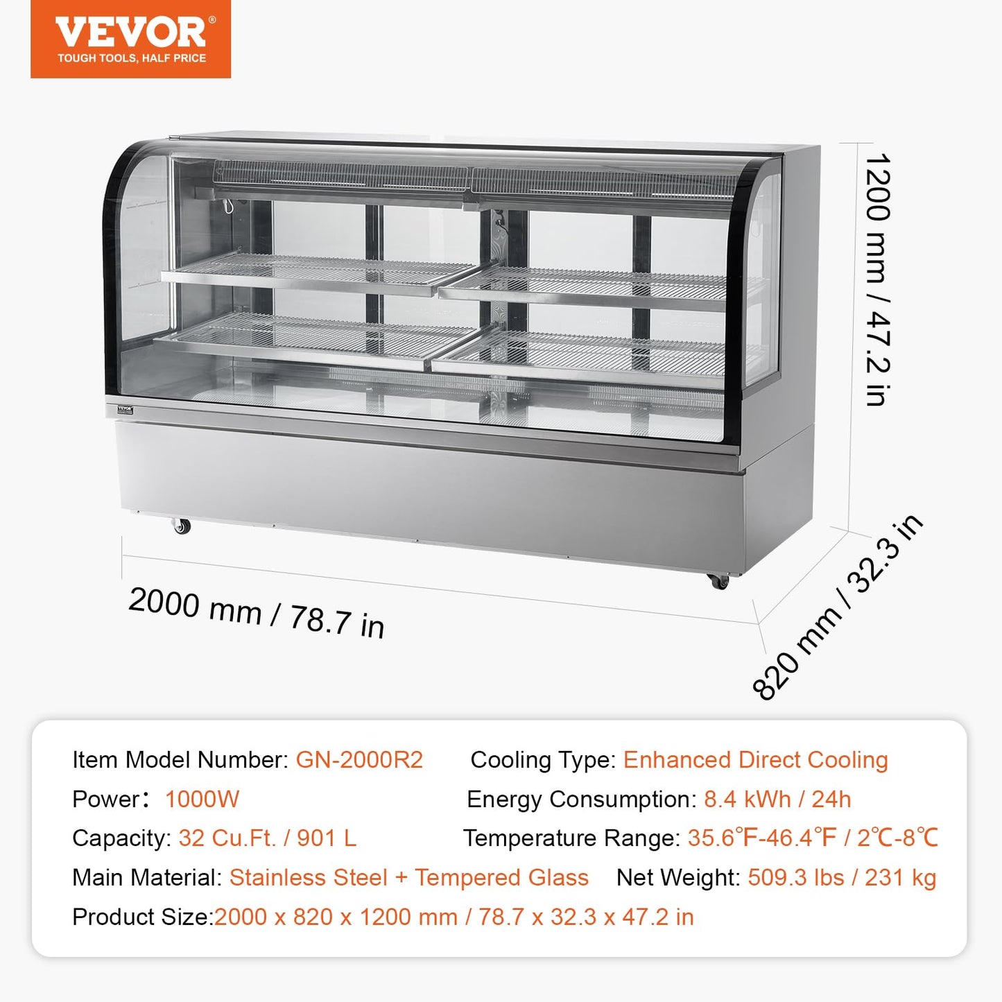 VEVOR Deli Case, 32 Cu.Ft./901L Large Pastry Display Case, 4-Tier Commercial Display Refrigerator with LED Lighting, Downdraft Cooling, Movable with Casters, for Bakery