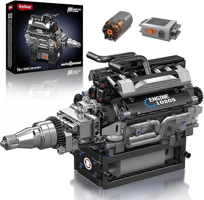 Sosuy RR V12 Motorized Engine Building Block Kit Electric Motor Drive Ultra‑Realistic Working Replica Model 733Pcs STEM Educational Engines Toy Birthday Christmas for Boy Kid Adult 14+