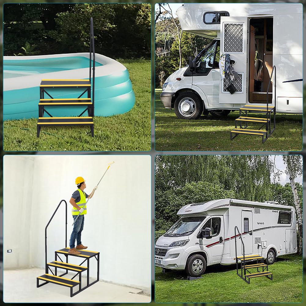 GarveeLife 3 Step RV Stairs with Handrail, Hot Tub Steps Metal with Non-Skid Tapes, Portable Stairs Steps for RV, Mobile Home Stairs Travel Trailers, Camper, Hot Tub, Ground-Pool for Indoor & Outdoor