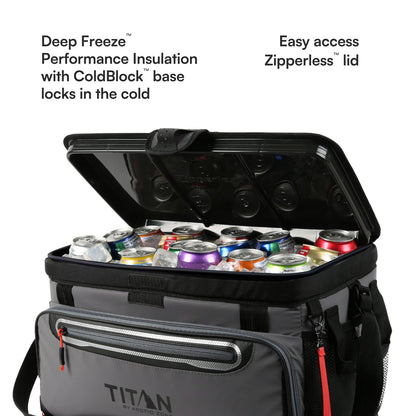 Titan by Arctic Zone Zipperless Soft Sided Cooler with HardBody Liner and SmartShelf, Insulated Bag with Shoulder Strap and Bottle Opener for Beach, Picnic, and Travel, 48 Can Capacity, Sharkskin Gray