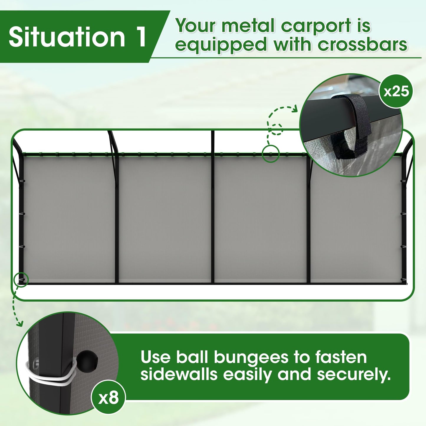 ELUZENE 2 Packs Metal Carport Sidewalls & 2 Pack Zipper Doors for 20'x20' Metal Carport, Waterproof UV Protected, Easy Assembly with Ball Bungees, Grey (Frame & Top Cover Not Included)