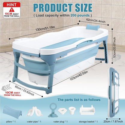51" Large Foldable Portable Bathtub for Adults | Collapsible Bathtub with Dual Drains[Smooth Drain] | Folding Bath Tub for Shower Stall | Soaking Tub for Bathroom | Ice Hot Bath Tubs Blue