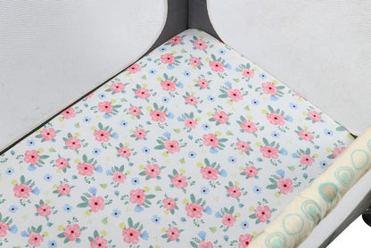 Onacosht Pack n Play Sheets 3 Pack Fitted for Baby Girl, Stretchy Jersey Knitted Portable Mini Crib Sheets Playard Mattress Cover, Pink Floral