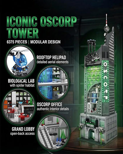 Spider Oscorp Tower Building Set for Adults - 40 Inch Tall Hero Tower Modular Building with Light &amp Helicopter Movie Daily House Architecture Gift for Christmas Collectors (6375 Pcs)