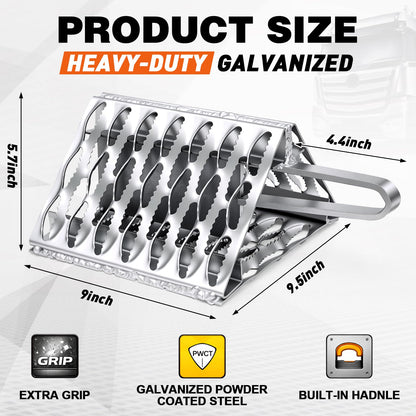 Outus 2 Pack Heavy Duty Galvanized Steel Serrated Wheel Chocks with Built-in Handle, Industrial Anti-Slip Grip for Trailer, Off-Road, Camper, Truck, Rv, Stable Tire Chocks, 9.5" x 9" x 5.7"(Silver)