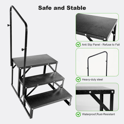 RV Steps with Handrail, 3 Step Heavy Duty Outdoor RV Stairs with Non-Slip Tread, Portable Travel Trailer Steps for Camper, Mobile Home, Hot Tub, 5th Wheel, Anti-Slip Platform