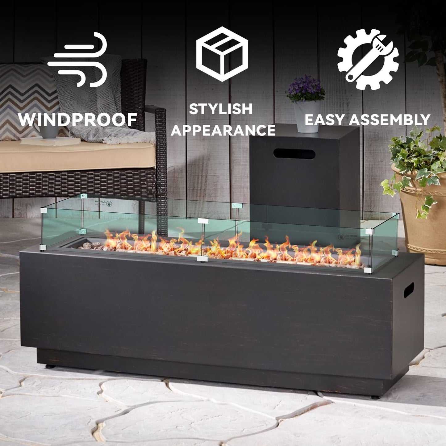 Skyflame Fire Pit Wind Guard, 53.5" x 19.5" x 6" Clear Tempered Glass Flame Guard Set with Hard Aluminum Corner Brackets and Rubber Feet, Fits for 48-inch Rectangular Fire Pit Burner Pan