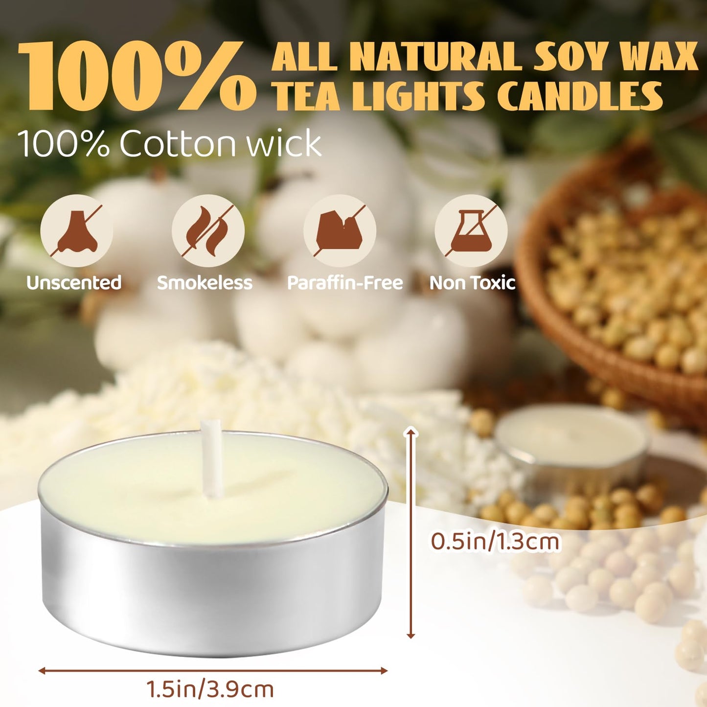Soy Tea Lights Candles 100 Pack,4 Hours Long Burning-Natural Soy Wax Tealights Candles,Paraffin-Free,Unscented,Clean Burn Tea Lights Votive Candle Bulk for Weddings,Dinner