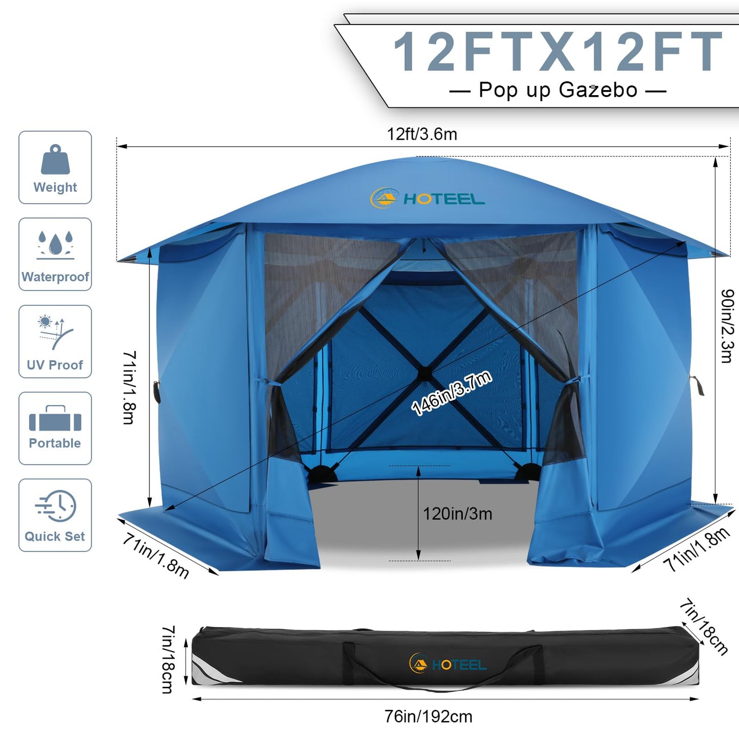 COBIZI 12x12FT Pop Up Gazebo Screen Tent Screen House for Camping, Screen Room with Mosquito Netting, Hub Tent Instant Screened Canopy with Carrying Bag and Ground Stakes, Brown