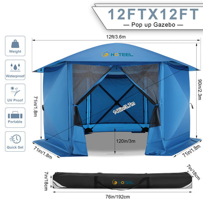 COBIZI 12x12FT Pop Up Gazebo Screen Tent Screen House for Camping, Screen Room with Mosquito Netting, Hub Tent Instant Screened Canopy with Carrying Bag and Ground Stakes, Brown