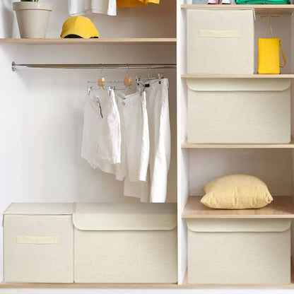 Bagnizer Large 42 Quarts Collapsible Stackable Storage Bins Cube with Lids [3-Pack] Foldable Fabric Linen Storage Boxes, Closet Organizer Baskets with Label for Home (16.7 x 12 x 12, Beige)
