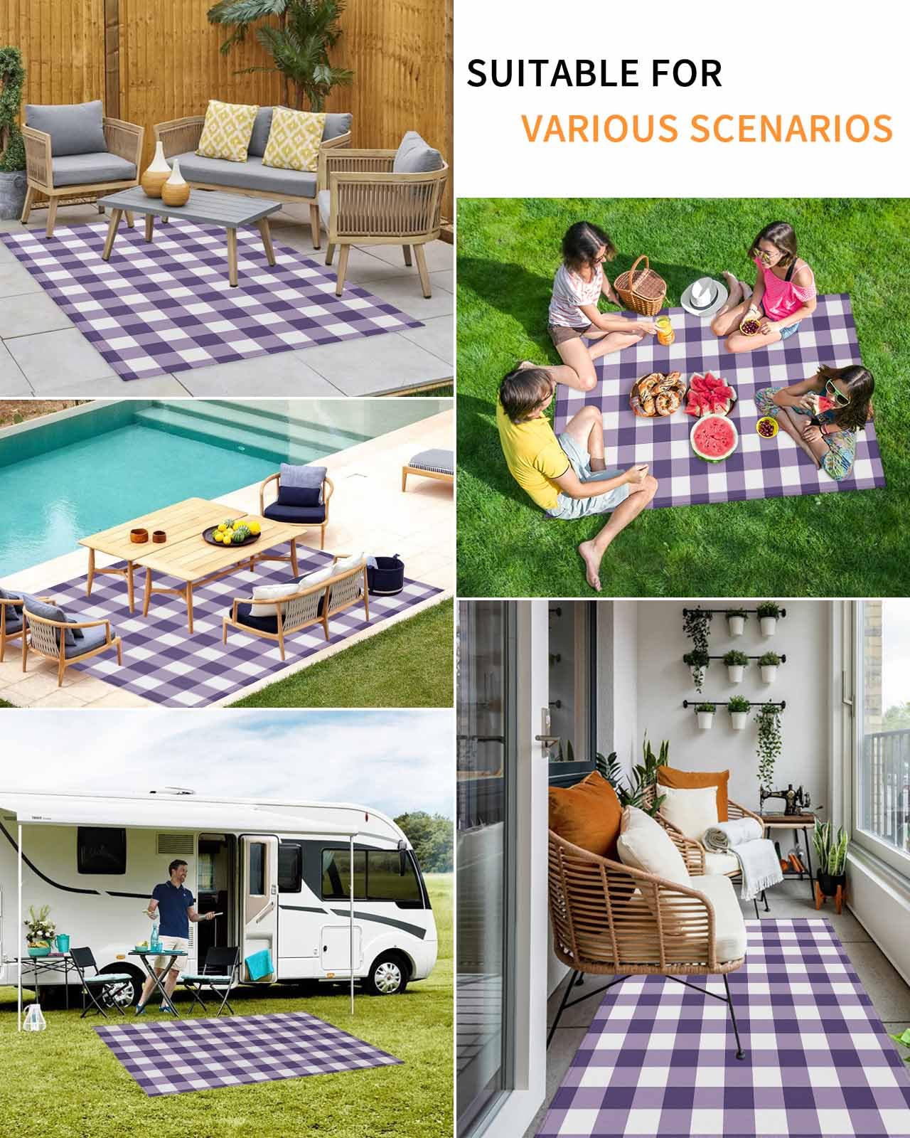 Outdoor Patio Rugs Purple Buffalo Plaid Outdoor Area Rug Check Lines Non-Slip Backyard/Camping RV Rug/Deck/Porch Rug Front Door Floor Mat Carpet, 4x6ft