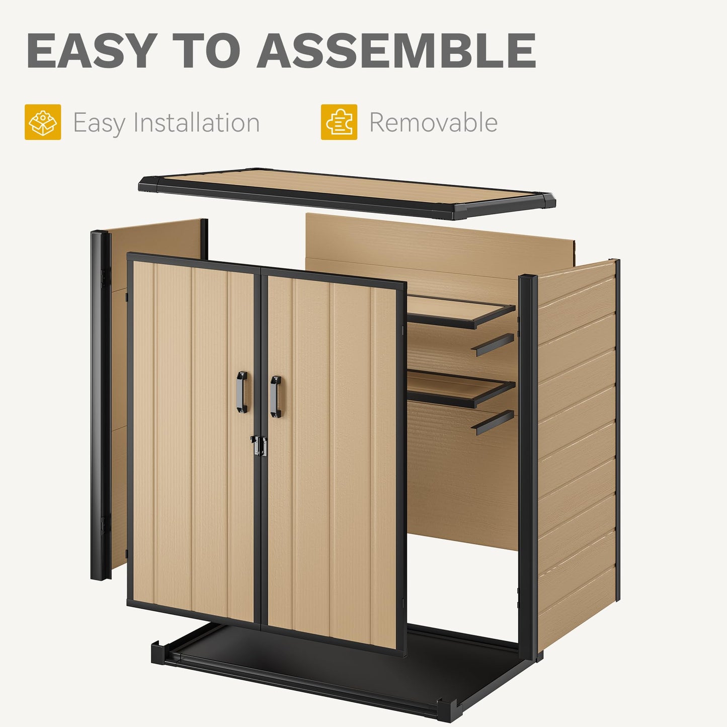 DWVO Outdoor Storage Shed 54 cuft with 2 Shelves, 4.2x2.6x5ft Vertical Tool Shed with Floor & Lockable Doors, Sturdy Double-Wall Plastic Cabinet for Garbage Cans and Garden Storage, Brown