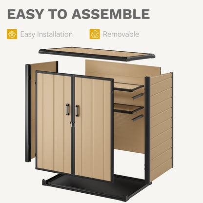 DWVO Outdoor Storage Shed 54 cuft with 2 Shelves, 4.2x2.6x5ft Vertical Tool Shed with Floor & Lockable Doors, Sturdy Double-Wall Plastic Cabinet for Garbage Cans and Garden Storage, Brown