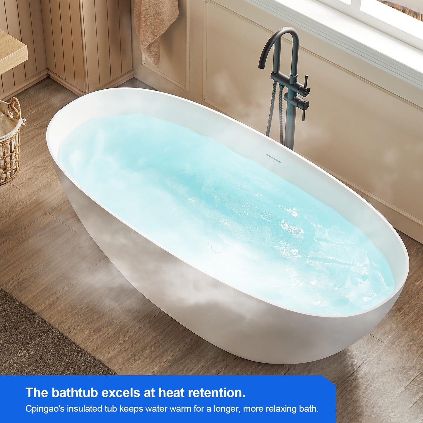 Cpingao 63" Solid Surface Freestanding Bathtub, Modern Oval Shape Soaking Tub, Stone Resin Stand Alone Bathtub with Drain & Integrated Slotted Overflow Matte White 8845-1600