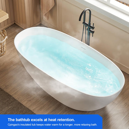 Cpingao 63" Solid Surface Freestanding Bathtub, Modern Oval Shape Soaking Tub, Stone Resin Stand Alone Bathtub with Drain & Integrated Slotted Overflow Matte White 8845-1600