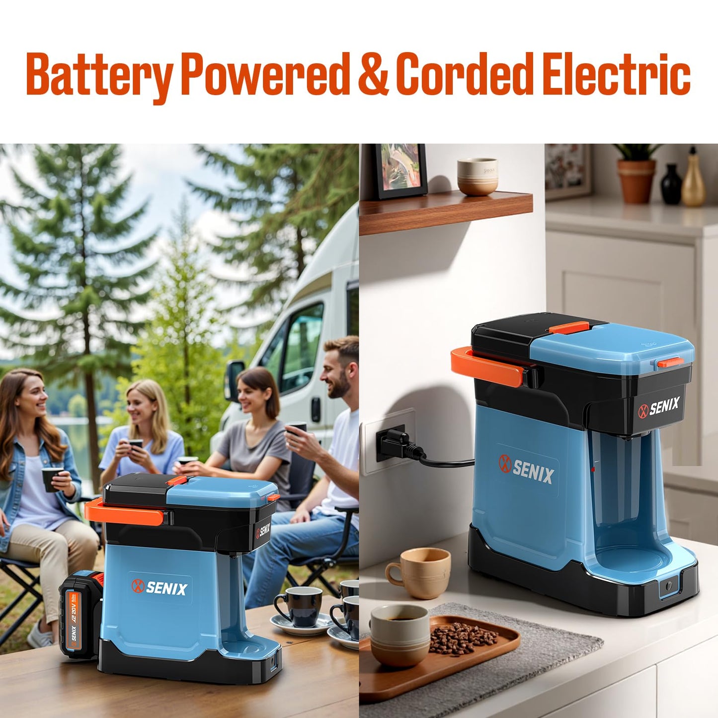SENIX Coffee Maker Single Serve, Portable, 2-in-1 20V 5.0 Ah Battery, Charger & Power Cord, Compatible with K-Cups, Ground, Pods, 8oz Brew Size - for Travel, Camping, To-Go, Job Site, Home (CMX2-M4)