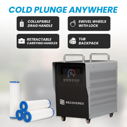 Recoverex Cold Plunge Tub, 88 Gallon, 0.8 Horsepower – Heavy-Duty Ice Bath Tub for Athletes, Portable Cold Plunge Chiller with Water Treatment Kit, Immersion Therapy, WiFi Control, Backpack & Wheels
