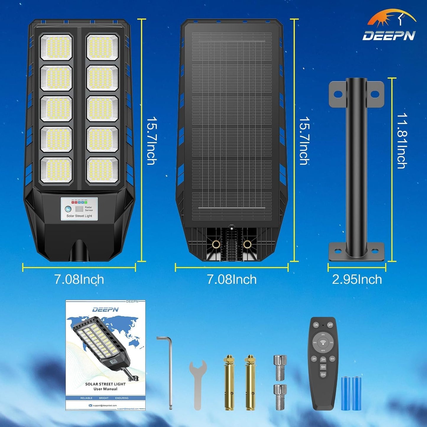 Deepn Solar Lights Outdoor, 7000W Solar Street Lights Outdoor with Motion Sensor, IP66 Waterproof Street Area Security Lights with Remote, Dusk to Dawn Solar Flood Lights for Garage Outside, 3 Pack