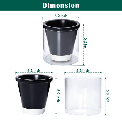 D'vine Dev 6 Inch Design Self Watering Planter for Indoor Plants, Black Terracotta Pot with Cylinder Glass Cup, Set of 2, 37-Y-B-3