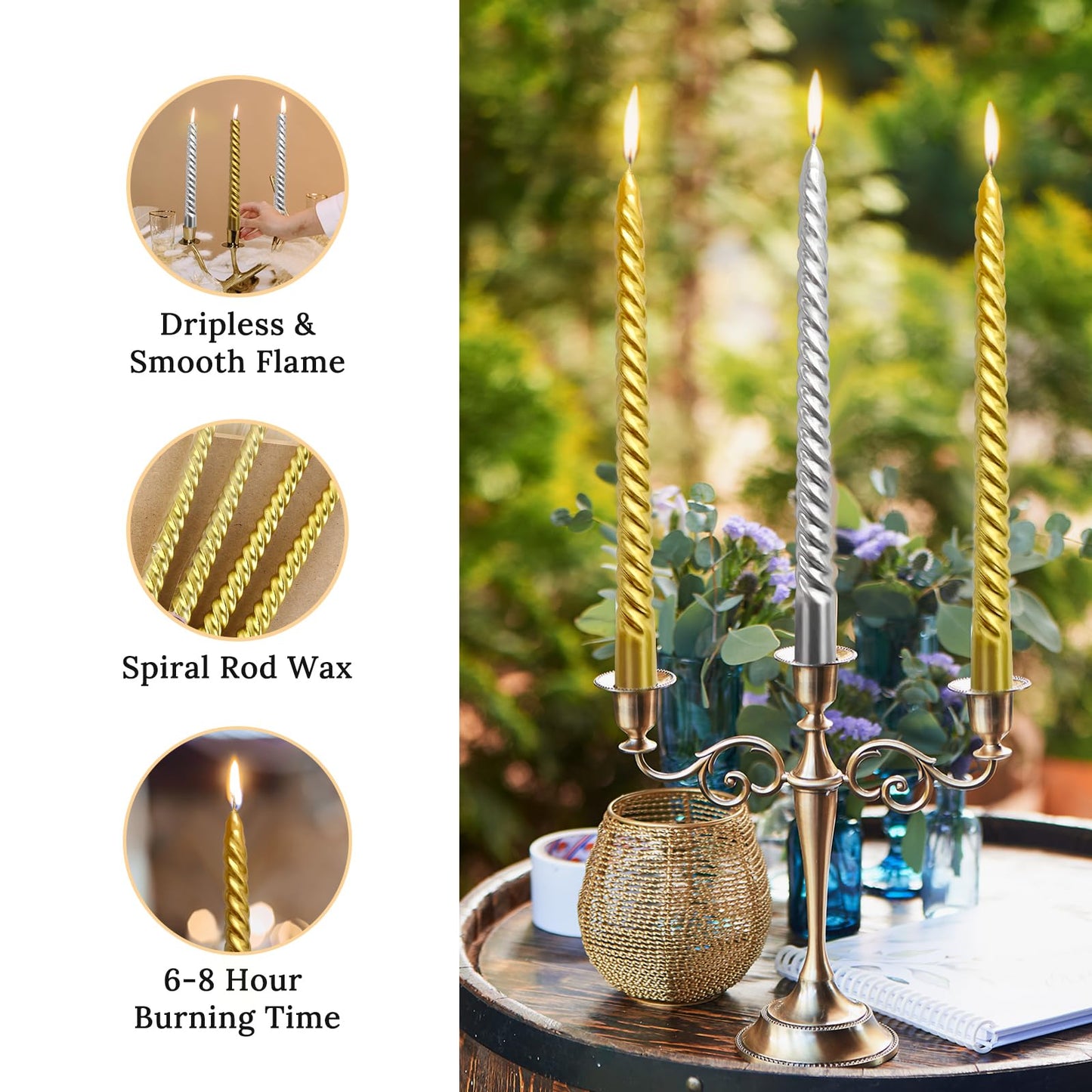 10 Inch Spiral Taper Candles Set for Christmas, 6 Gold and 6 Silver Unscented Twisted Candlesticks, Dripelss Thin Tapered Candles for Holiday Party Decoration