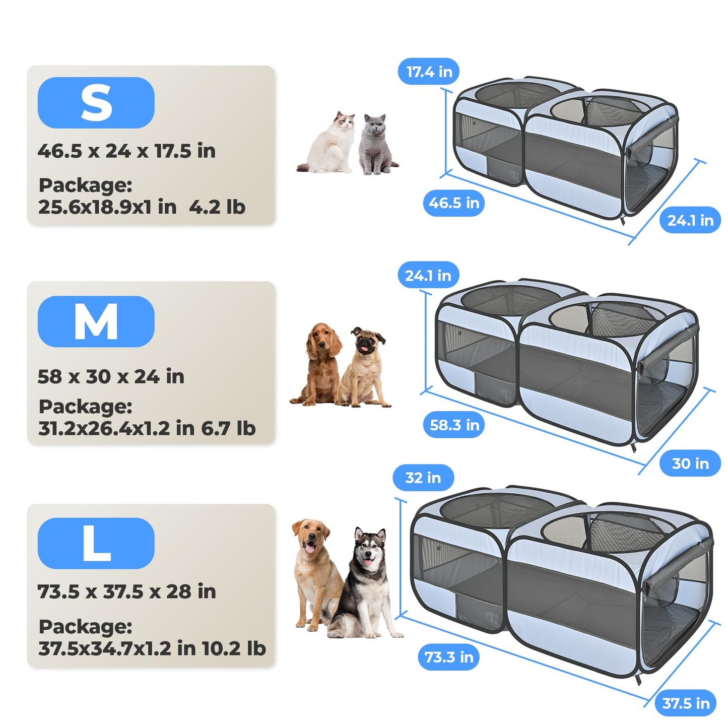 2-in-1 Dog Playpen, 73''Pop Up Cat Puppy Pet Playpen Indoor/Outdoor Cats Enclosed, Cat Dog Tent Crate Cage Kennel, Portable Playpen for Kitten, Small Animals Play Pen(No Divider, Unified Space)