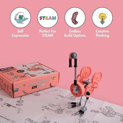 The Off Bits Erector Set: Animal Mini STEM Toys for Kids 6+ Toy Building Sets with Nuts &amp Bolts STEM Building Toys Gifts for Boys and Girls (Pink Flamingo)