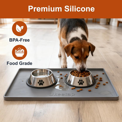 Ukeetap Extra Thick Silicone Dog & Cat Food Mat - Waterproof, Non-Slip, 19” x 12”, Gray