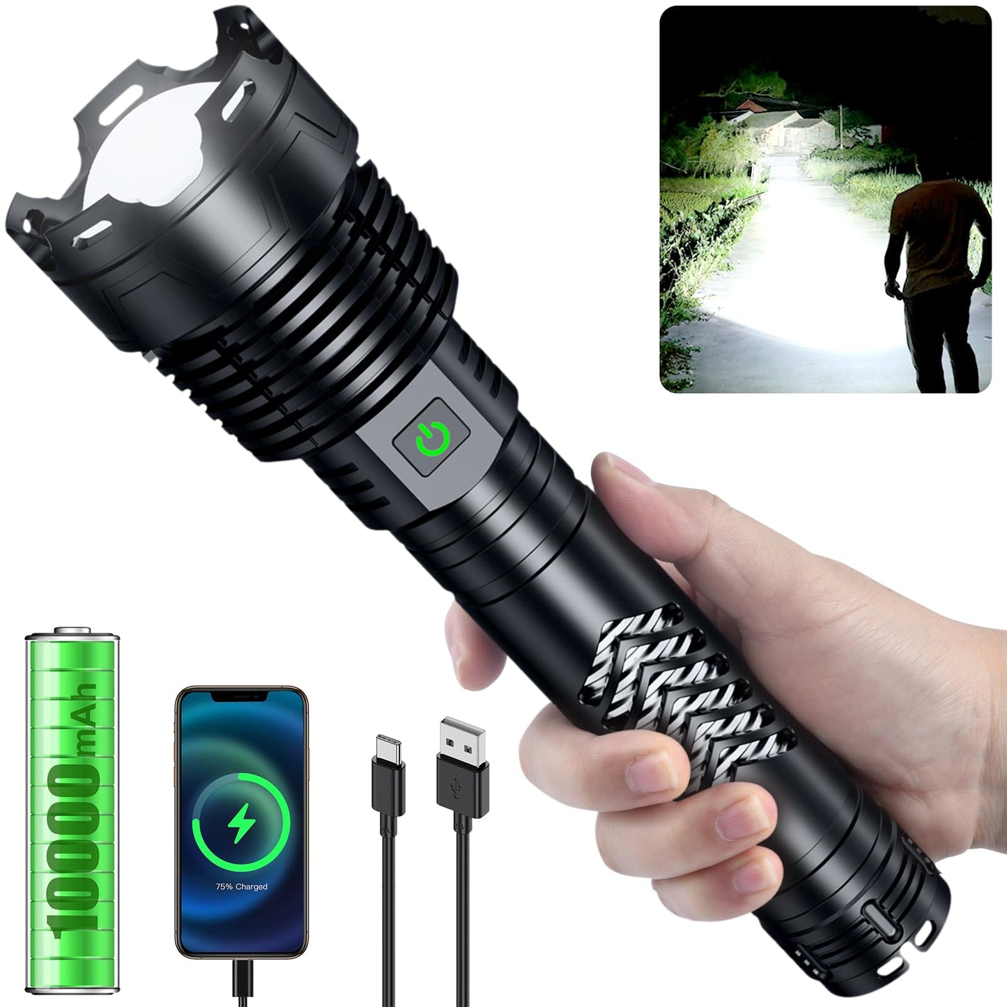 Grentay Black&Blue Rechargeable LED Flashlights High Lumens,Super Bright Flashlight with Input and Output Functions,10 Light Modes,Zoomable, IP67 Waterproof,Tactical Flashlight for Camping