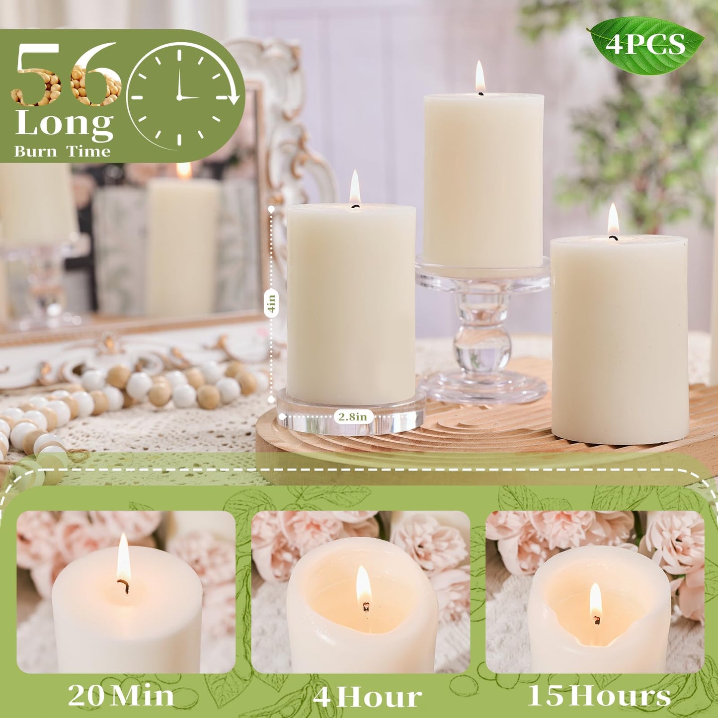 4 Pack Soy Wax White Pillar Candles,56H Long Lasting Burning,Natural Soybean Hand-Poured Pillar Candles,Smokeless,Non Toxic,Unscented for Dinner Table Centerpieces,Spa,Meditation & Wellness-2.8x4in