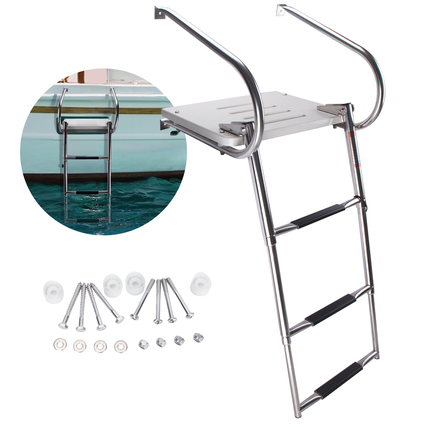 3-Step Boat Ladder with Swim Platform,Stainless Steel Dock Ladder with ABS Swim Platform 2 Handrails,500LBS Telescopic Boarding Ladder Dive Ladder for Pontoon Yacht