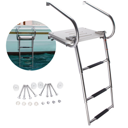 3-Step Boat Ladder with Swim Platform,Stainless Steel Dock Ladder with ABS Swim Platform 2 Handrails,500LBS Telescopic Boarding Ladder Dive Ladder for Pontoon Yacht
