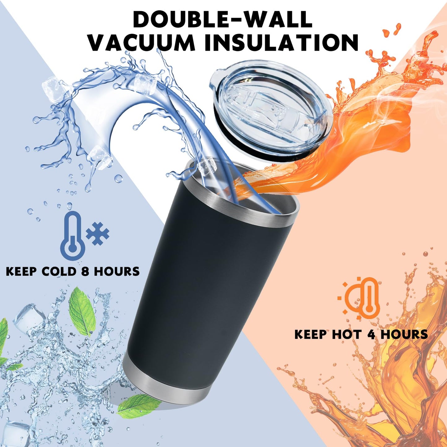 KDJFIIH 24 Pack Black 20oz Stainless Steel Tumblers with Lids & Straws, Double Wall Vacuum Insulated Leakproof Travel Mug for Hot/Cold Drinks, Powder Coated Bulk Cups for Wedding Party Office Gift
