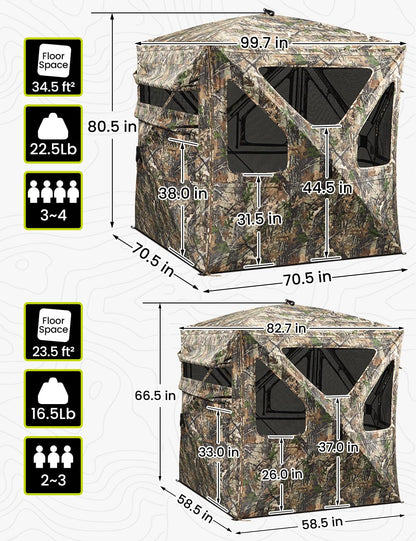 TIDEWE Hunting Blind 360°See Through with Large Open Door, Pop Up Ground Blind with Removable Curtain & Carrying Bag, Portable Resilient Tent(Forest Fade Camo, 2-3 Person, 4-Sided Swing Door)