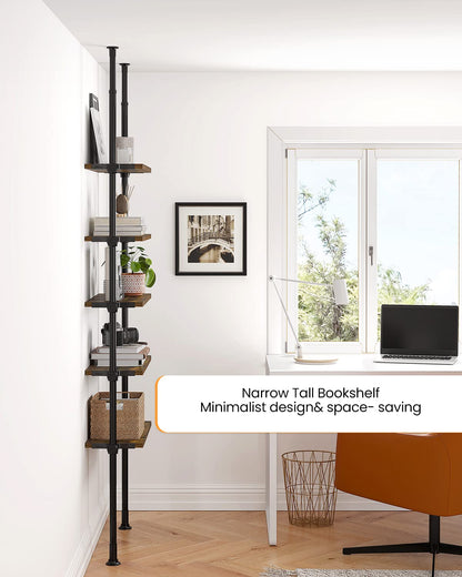 ALLZONE Adjustable Tall Narrow Bookshelf, 5-Tier Floor-to-Ceiling Tension Mount Ladder Book Shelf with Storage for Versatile Uses, Fits 92-116 Inch Ceilings, 27.84-Inch Wide Wood Shelves, Rustic Brown