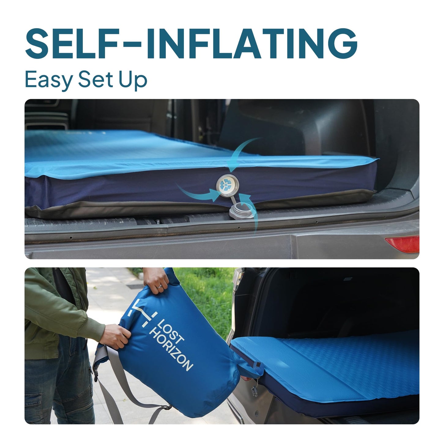 Lost Horizon Air & Foam Camping Mattress, Self-Inflating Sleeping Pad, 3" Thick, with Pump Sack, Full