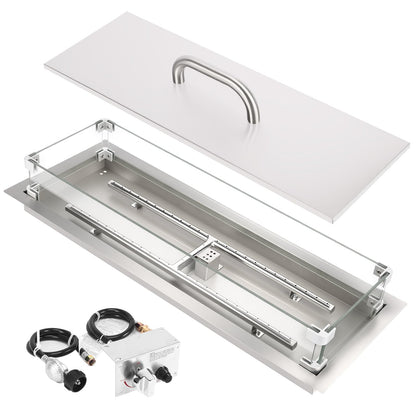 Hisencn 30 x 10 Inch Drop-in Fire Pit Kit, Premium Stainless Steel Modern Fire Trough with Tempered Glass Wind Guard, Built-in Outdoor Table Flame Feature for Patio, Backyard & Entertaining