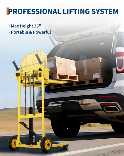 Hydraulic Material Lift, Heavy Duty 440lbs Capacity Pallet Truck Dolly, Lift Table,Fork Lift, 36" Max Lift Winch Stacker,Multifunctional Hydraulic Hand Truck with Steel Platform Board,Adjustable Forks
