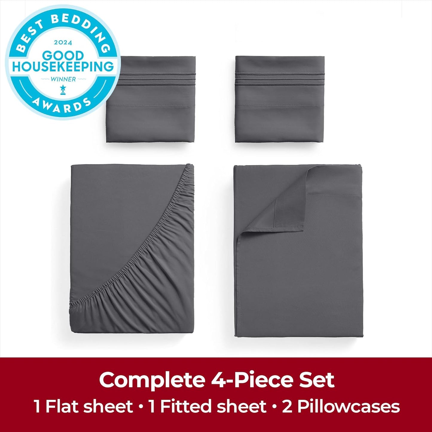 Mellanni Extra Deep Full Sheets - Hotel Luxury Cooling Bed Sheets | Ultra Soft, Wrinkle & Stain Resistant (Gray, 4 PC Set)