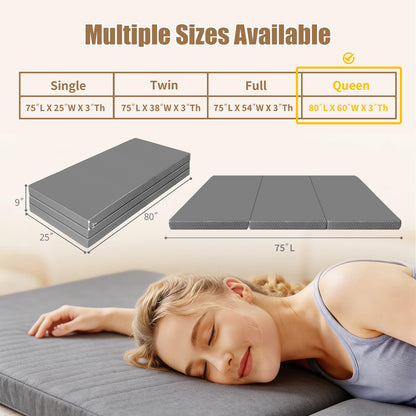 Tri-Folding Mattress, 3 Inch Portable Folding Mattress Topper with a Collapsible and Washable Cover, Portable Floor Bed for Travel, Fold Up Guest Bed, Camping and Yoga (Queen, Gray)