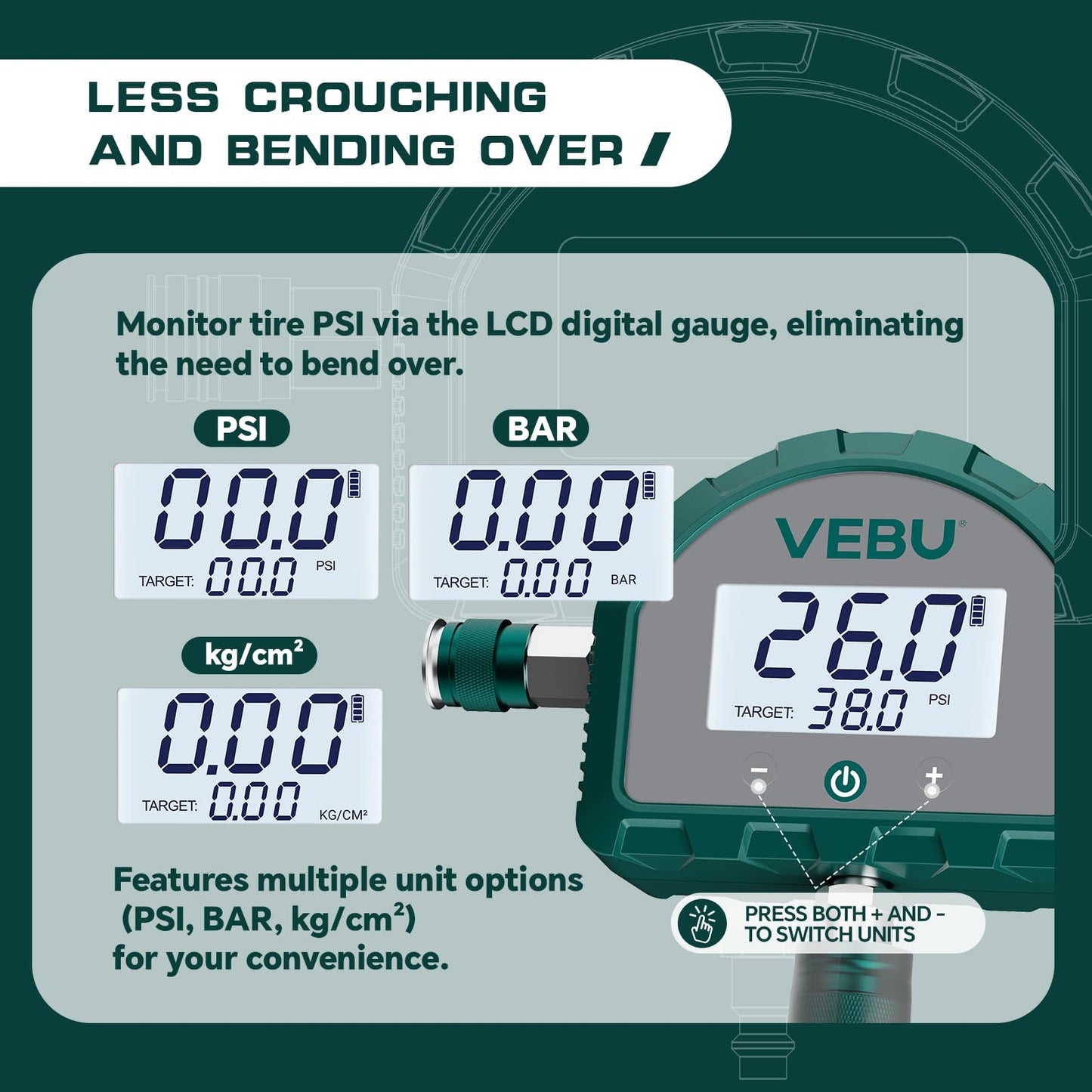 VEBU 4 Tire Inflation System, Auto Shut Off 4 Way Tire Inflation & Deflation Hose Kit with Preset Memory & Digital Display，Works with Your Air Compressor for Trucks, SUVs, RVs
