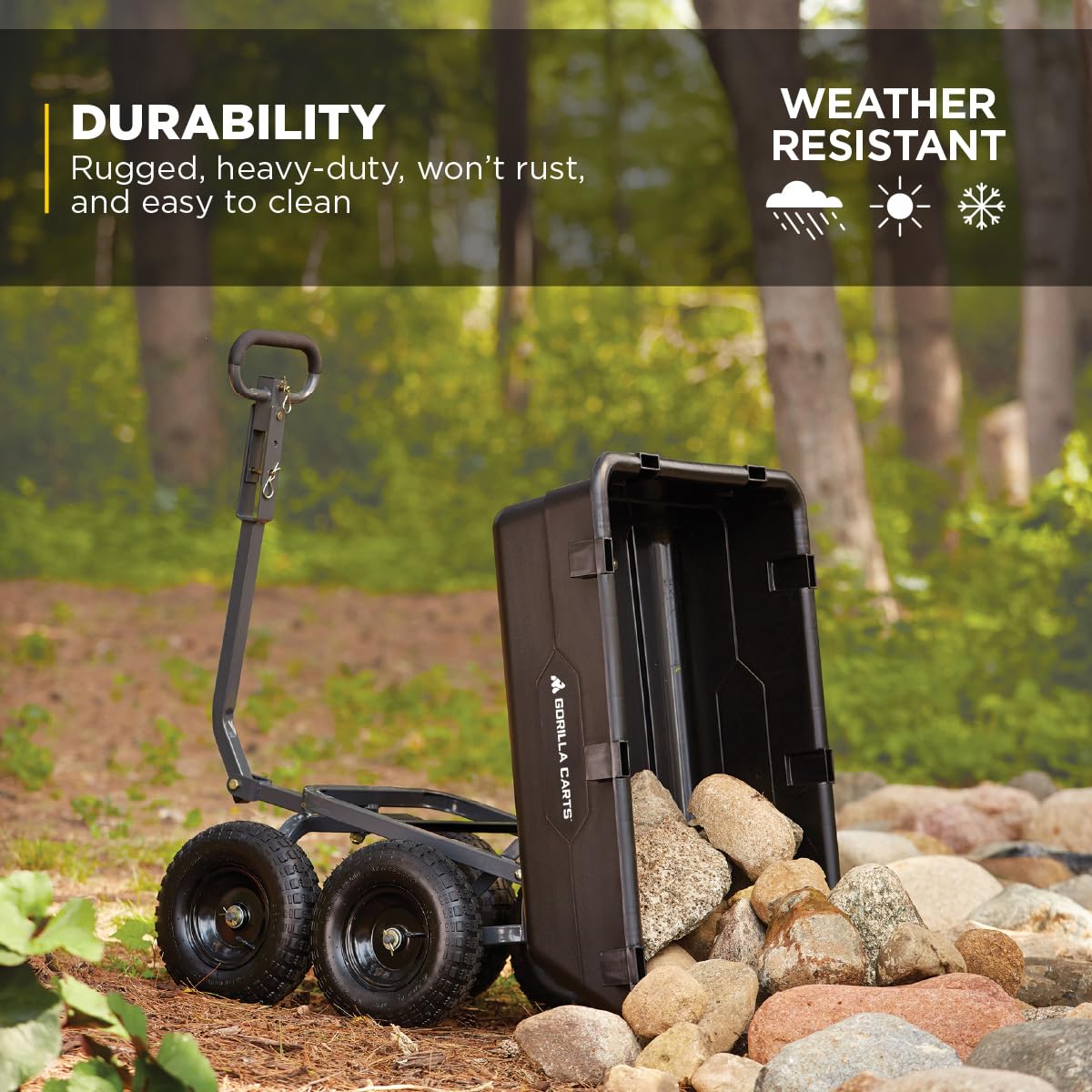 Gorilla Carts Heavy-Duty Poly Yard Dump Cart, 6 Cu Ft Tub, 1200 lb Haul Capacity, Black – Towable Utility Wagon with Quick-Release Dumping & Pneumatic Tires for Landscaping and Gardening