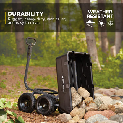 Gorilla Carts Heavy-Duty Poly Yard Dump Cart, 6 Cu Ft Tub, 1200 lb Haul Capacity, Black – Towable Utility Wagon with Quick-Release Dumping & Pneumatic Tires for Landscaping and Gardening