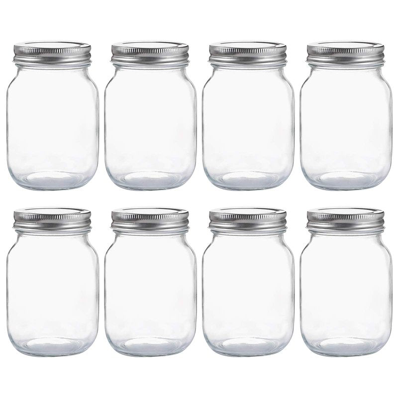 YINGERHUAN Glass Regular Mouth Mason Jars, 16 oz Clear Glass Jars with Silver Metal Lids for Sealing, Canning Jars for Food Storage, Overnight Oats, Dry Food, Snacks, Candies, DIY Projects (8PACK)