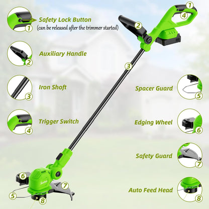 SUNCHERS 20V Cordless String Trimmer - 12-Inch Lawn Edger with Auto Line Feed & 2 Batteries | Green