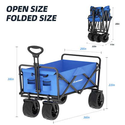 EchoSmile Heavy Duty 350 Lbs Capacity Collapsible Wagon, Outdoor Folding Camping Grocery Portable Utility Cart, Adjustable Rolling Carts, All Terrain Sports Wagon with Big Wheels (Blue)