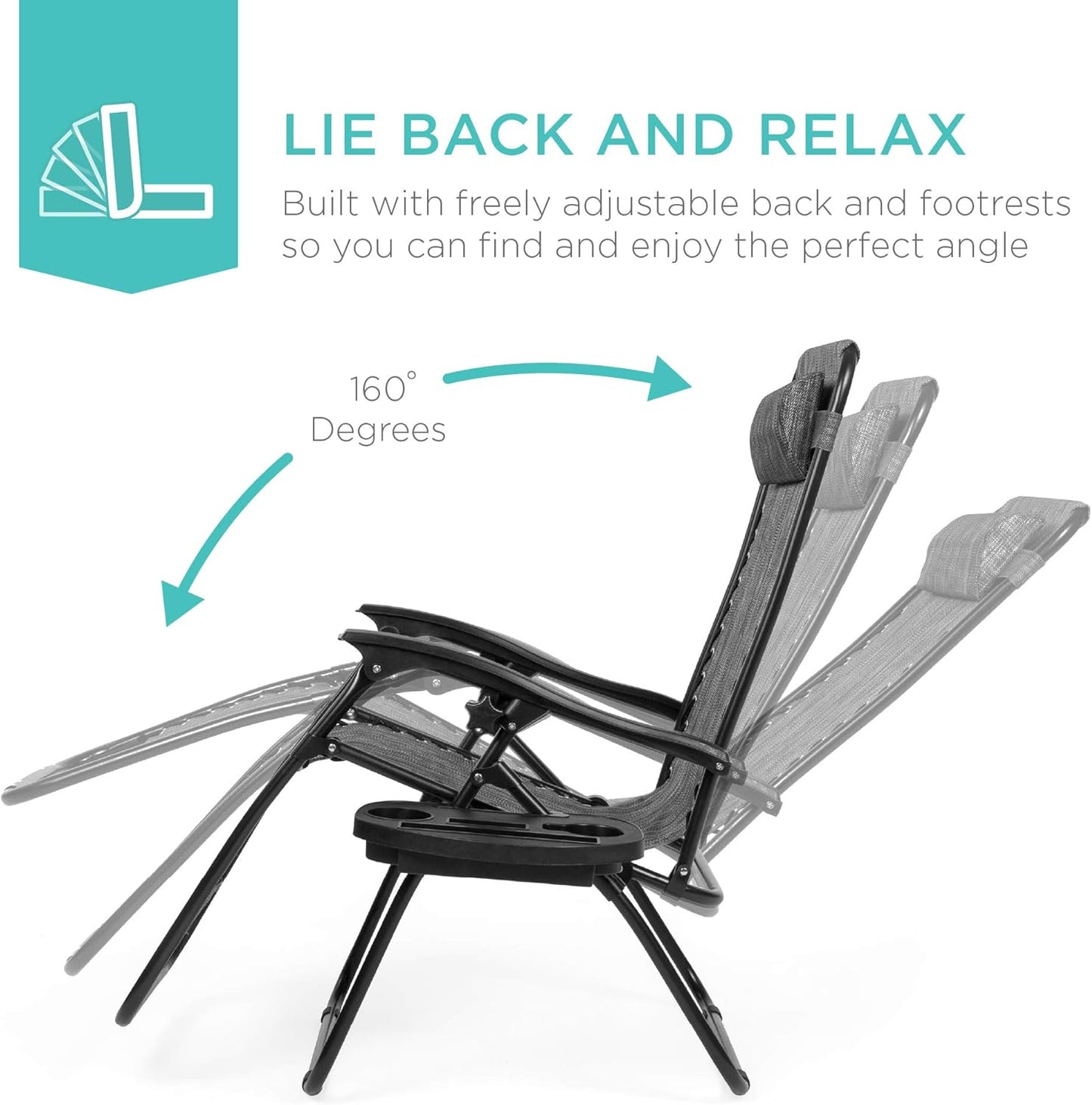 Best Choice Products Adjustable Steel Mesh Zero Gravity Lounge Chair Recliners - Gray, 2-Pack with Pillows & Cup Holders