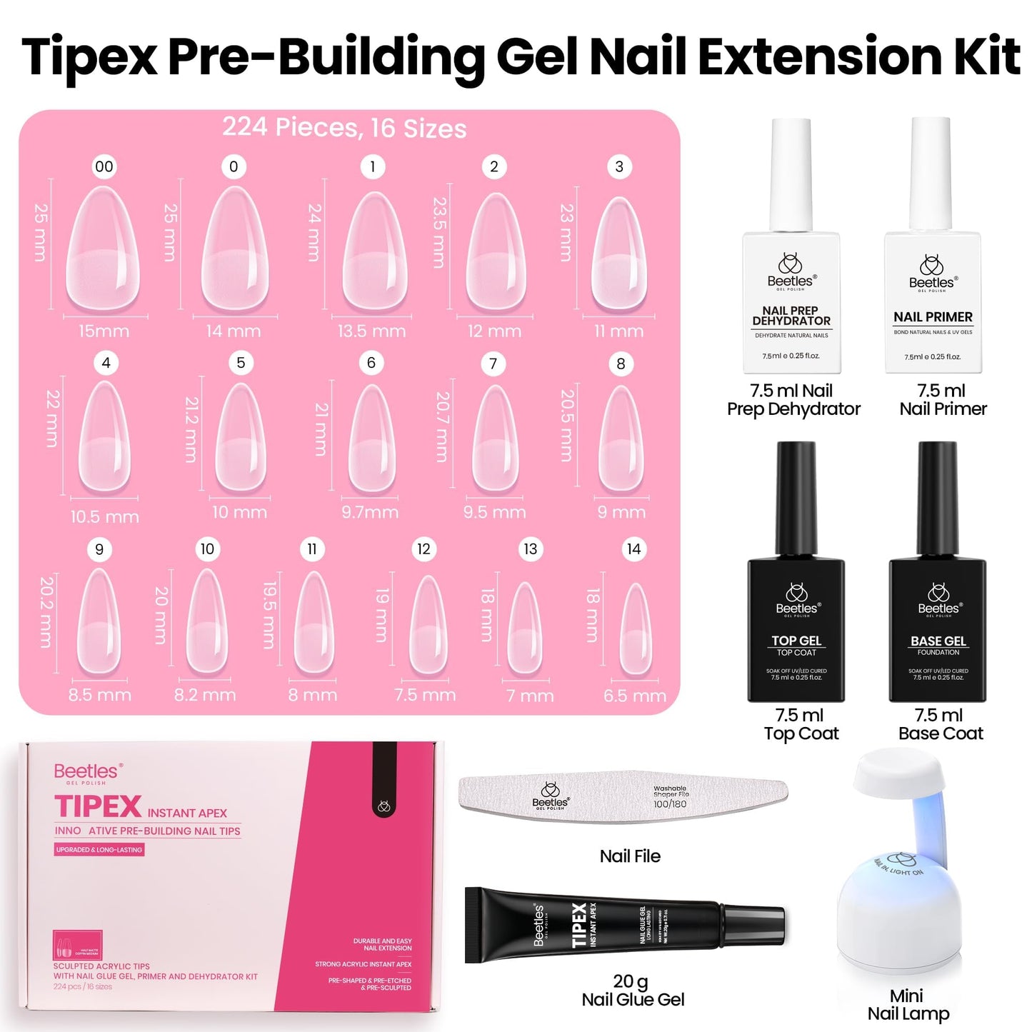Beetles Tipex Instant Apex Nail Tips Kit, Coffin Long 224Pcs 16 Sizes Pre-Building & Pre-Etched Thicker Acrylic Nails False Nail Extension with Tipex Nail Glue Mini Nail Lamp