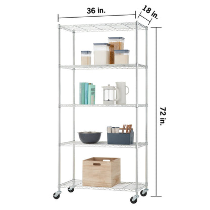 NEAT by TRINITY 5-Tier Adjustable Wire Shelving with Wheels, Wire Shelf Rack for Kitchen Organization, Garage Storage, 400 to 2000 Pound Capacity, NSF Certified, 36” x 18” x 72”, EcoStorage Chrome