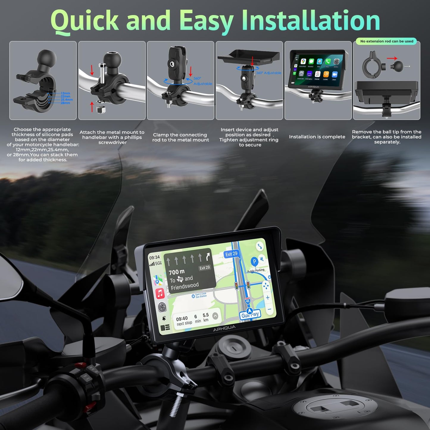 5 Inch Motorcycle CarPlay & Android Auto Display – IP67 Waterproof Touchscreen, Dual Bluetooth, TF Card, GPS Navigation, Voice Control, Universal Mount – APHQUA 522